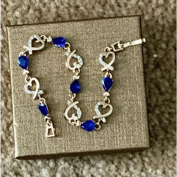 Deep Sapphire Blue Crystal Heart Gold Tone Tennis Bracelet - Picture 1 of 7